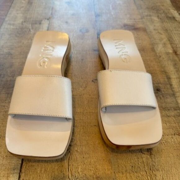 Mango Leather Mules Slides Wood Heel Sole Size 11 Summer Tan Nude - Picture 4 of 10